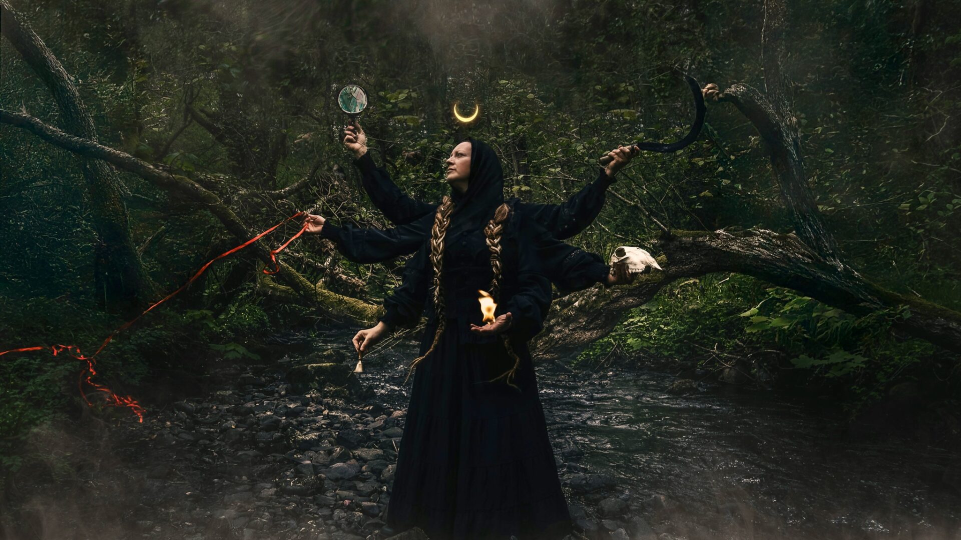 Mara, Slavic Goddess of Death with 6 arms holds a flame, red ribbon, a mirror, a sickle, a bell and a skull. A crescent moon hovers above her head.