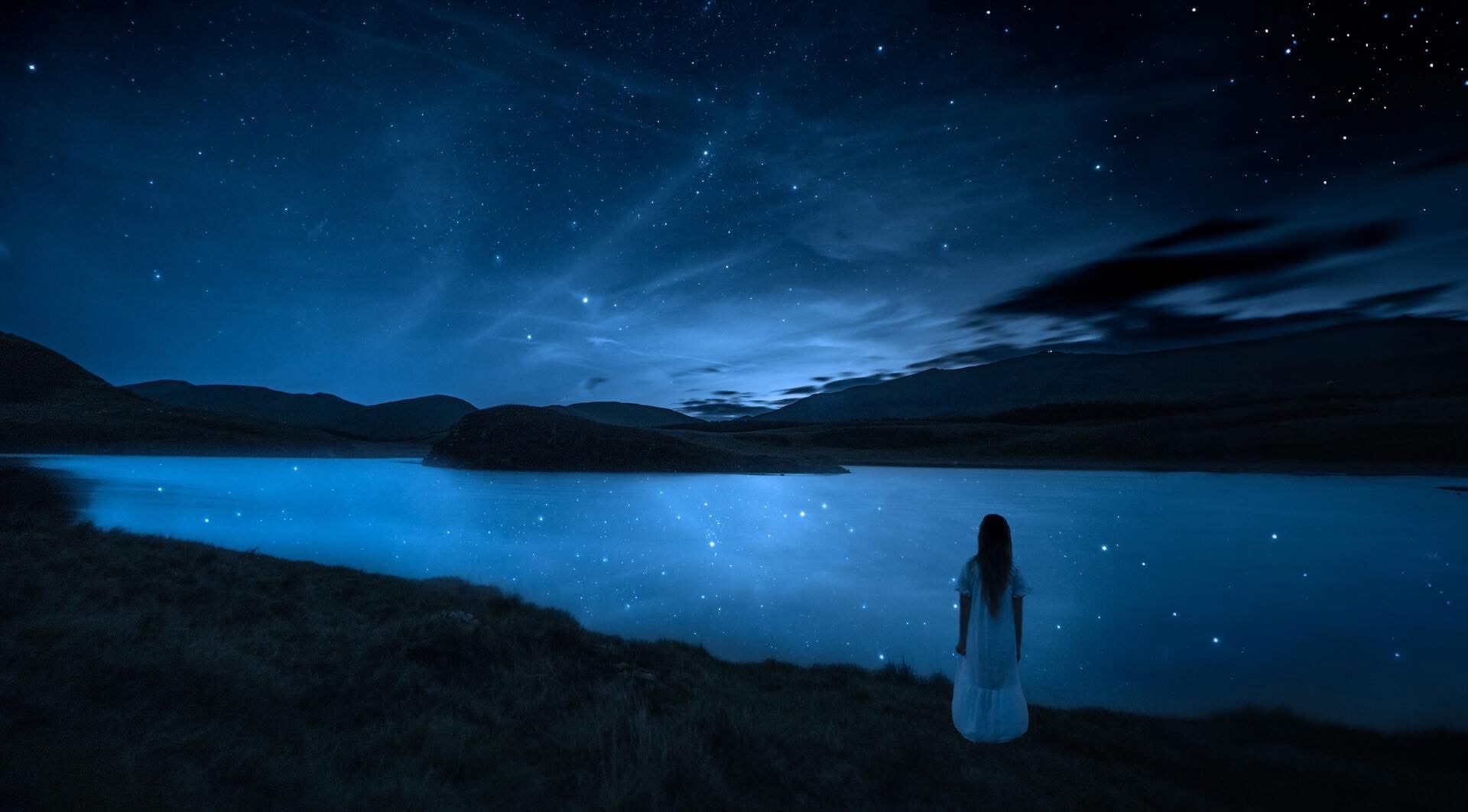 A woman at the edge of a lake at night. The stars are reflected in the lake. The lake is an Icy Blue.